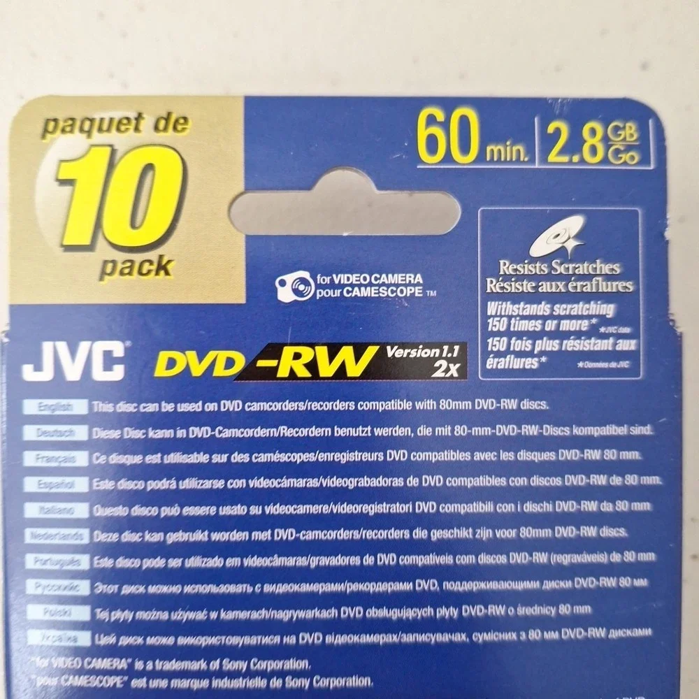 JVC DVD-RW 60 Min 2.8GB/Go‎ Set of 10 - NEW SEALED